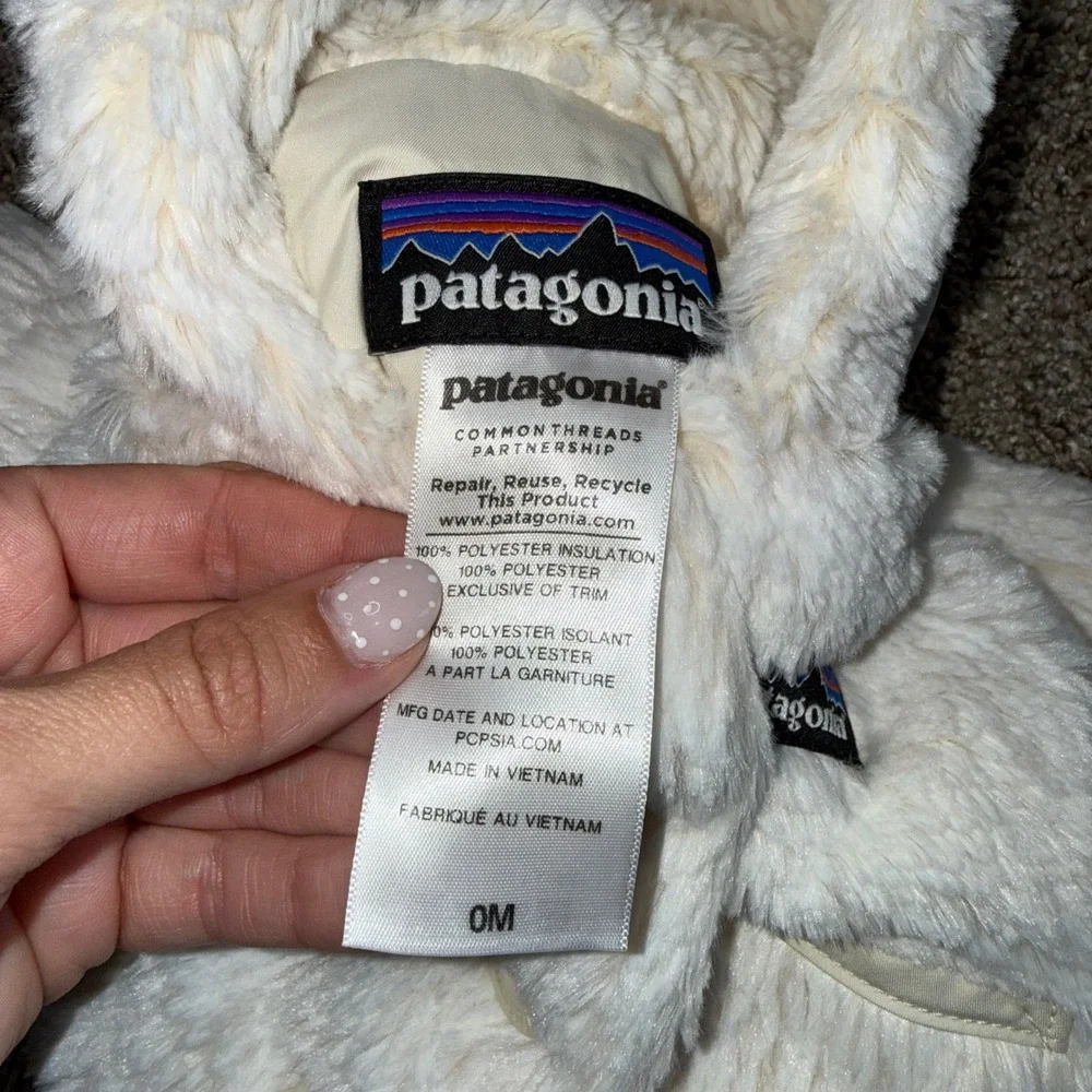 Patagonia Faux Fur Hooded Jacket Kids 0M Cream Excellent Fleece Button Up